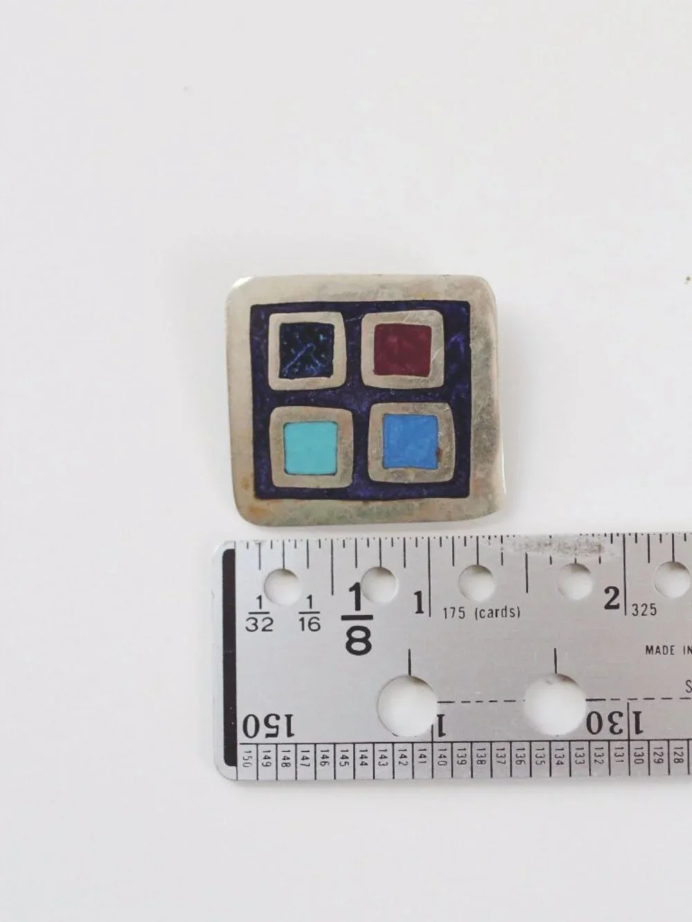 Vintage Modernist Geometric Enamel Inlay Mosaic Brooch Pin Pendant Alpaca Mexico